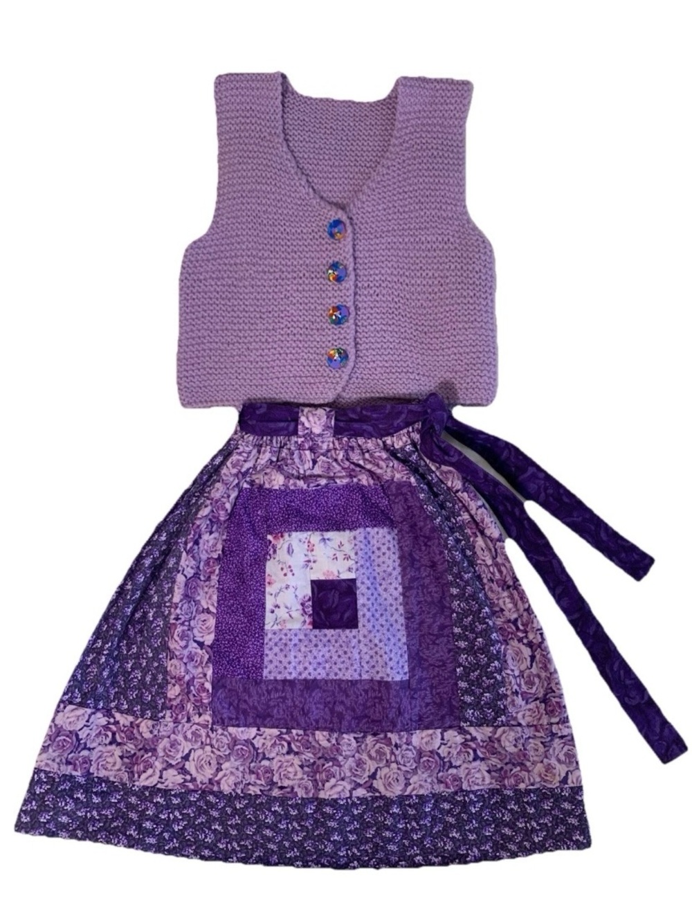 Vintage Handmade Patchwork Skirt and Hand Knit Vest Outfit Little Girls Sz 3T